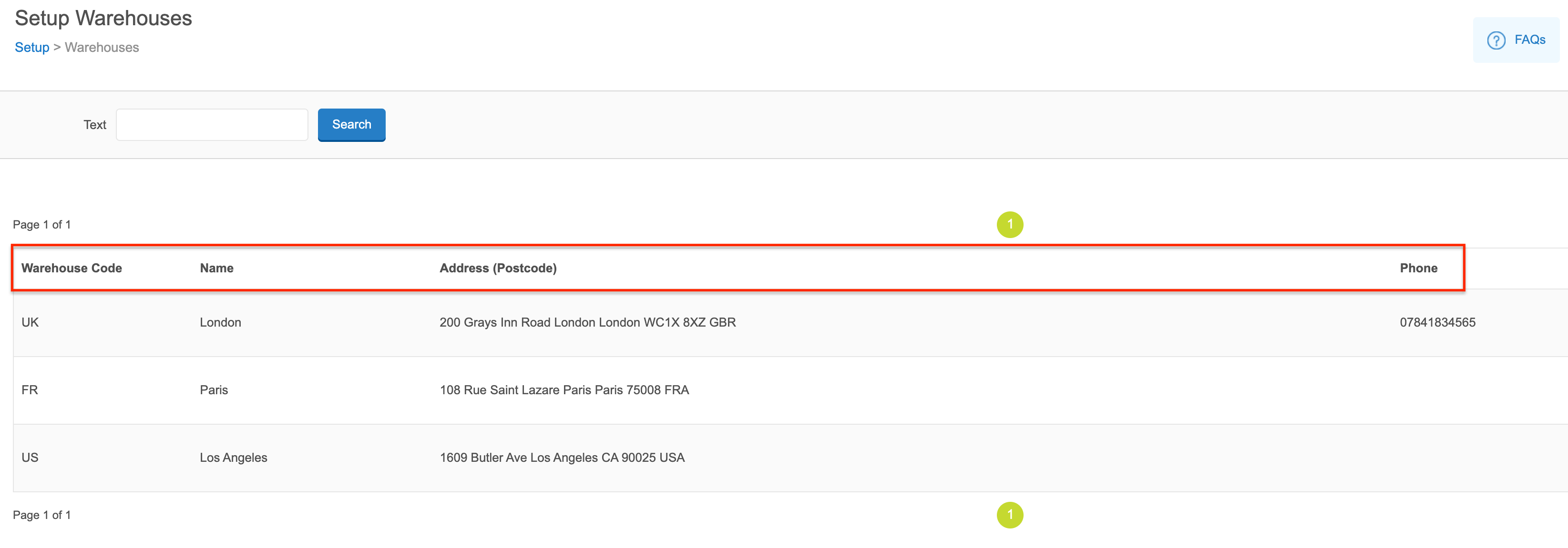 Setup Warehouses page. Shows warehouse code, name, address, & phone headings.
