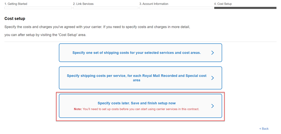 Shows the box that reads, “Specify costs later. Save and finish setup now”
