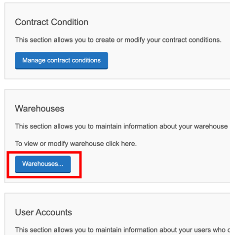 DM Setup page. The Warehouse button is shown marked.