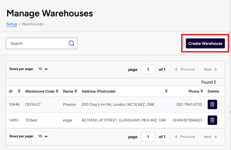 Setup > Manage Warehouses page. The Create-Warehouse button is shown marked.