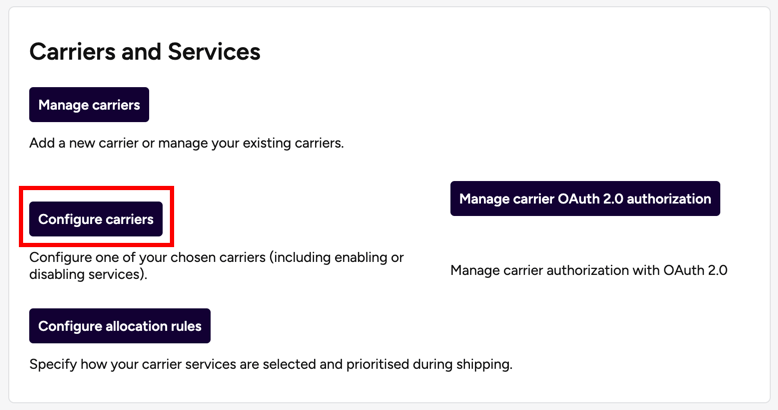 Setup > Carriers-Services. The Configure-Carriers button is shown marked.