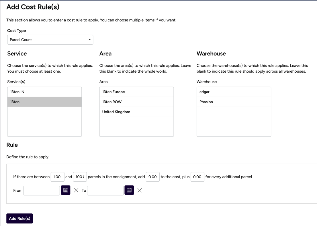 Configure-Carriers. Costs page. Add-Cost-Rules: Service, Area, Warehouse, & Rule Criteria menu shown