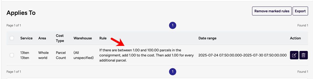 Configure-Carriers. Costs page. The Applies-To section: shows a List-of-Rules