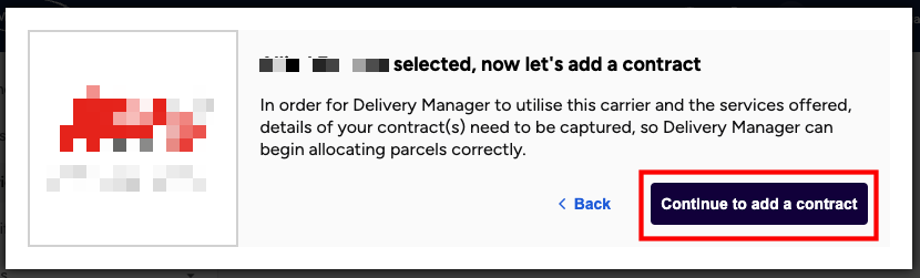 Add new carrier popup. Continue-to-add-contract button shown highlighted