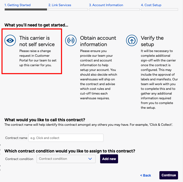 Contract Setup. This-carrier-is-not-self-service option shown highlighted