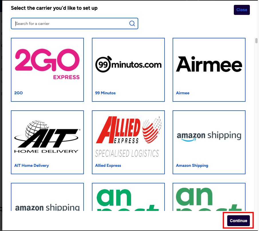 Select-carrier popup. The Continue button is shown highlighted