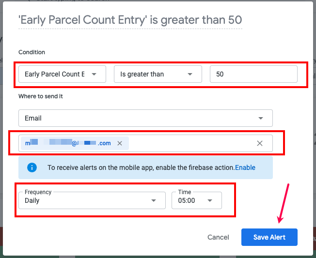 Set-Alert popup. Shows Condition parameters, Email, Frequency, & delivery Time options.