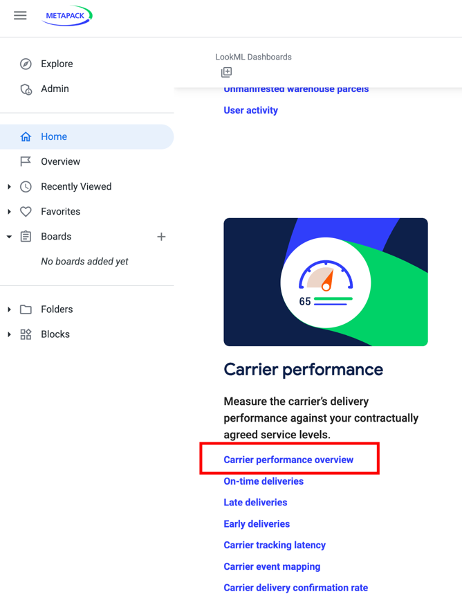 Report categories & dashboards page. ­Carrier-­Performance-­Overview shown under Carrier-­Performance section