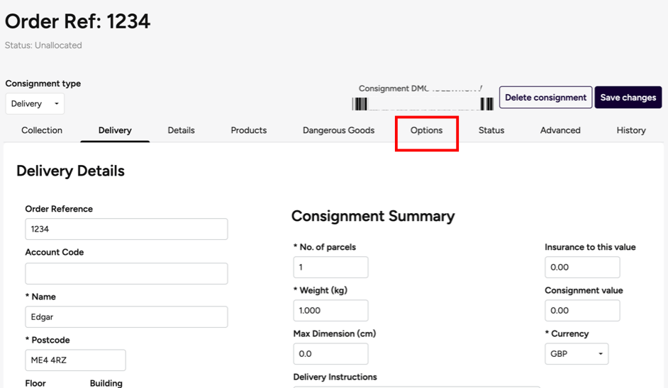 The Options tab for Order Details is shown
