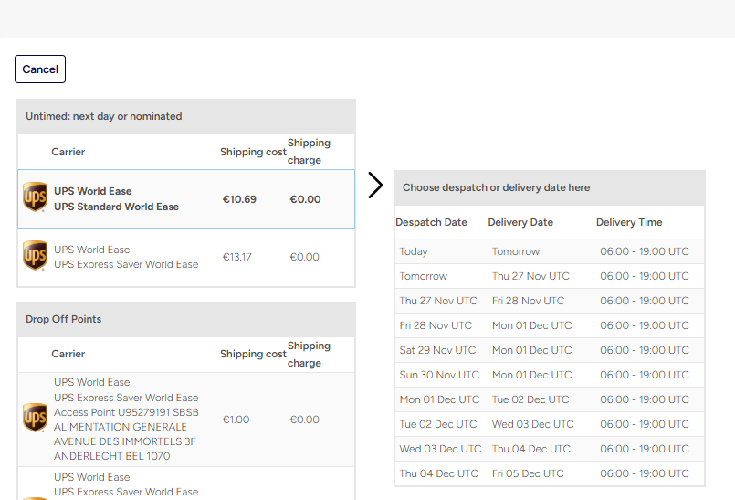 Shows the Delivery-Options pop-up, where you can choose Despatch or Delivery date for a service