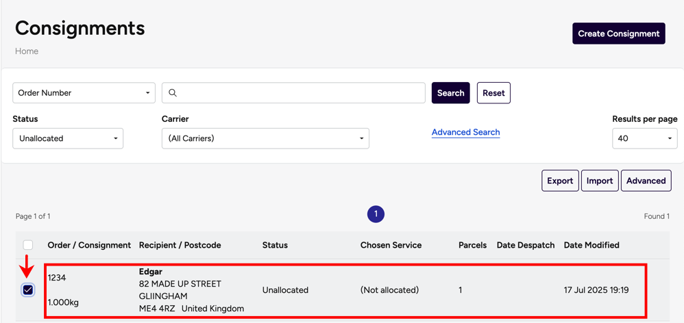 Shows an order and its details like, order number, status, address, etc., are selected