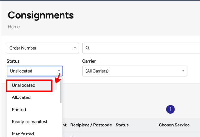Consignments. Unallocated is shown highlighted in the Status menu.