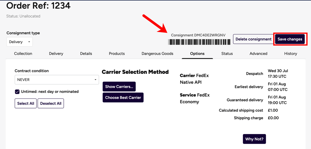 Shows the Save Changes Button and the Consignment Code.