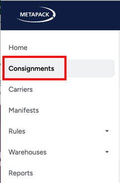 The Consignments option is shown in the Delivery Manager Delta side navigation menu.