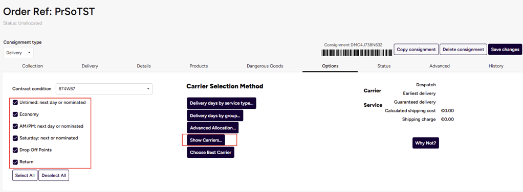 Shows options checked to filter carrier services & the Show Carriers button